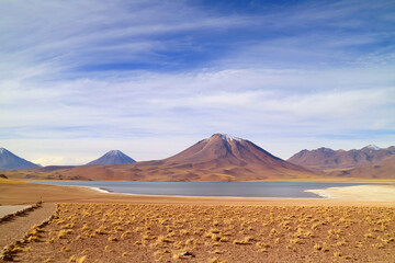 Miscanti lake at the elevation of 4,120 meters above sea level with Mt. Cerro Miscanti in the backdrop, Antofagasta region, Chile