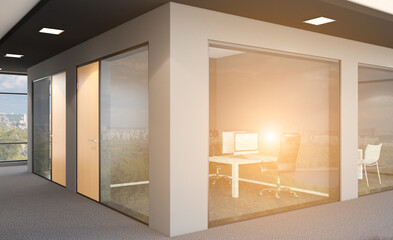 Obraz na płótnie Canvas Modern office Cabinet. 3D rendering. Meeting room. Sunset