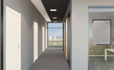 Modern office building interior. 3D rendering.. Mockup.   Empty paintings