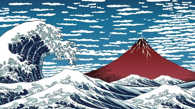 荒々しい大きな波と美しい山