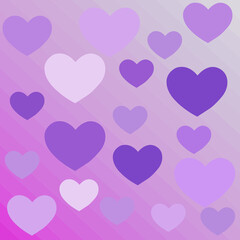 An oblique purple gradient background vector with hearts of different sizes and colors.