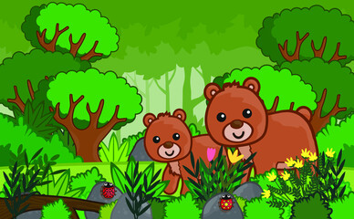 Cute bear with a jungle background, in a cartoon style. Vector illustration