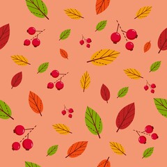 Autumns leaves and berries seamless pattern. Can be used in textile and wallpaper, wrapping-paper design.