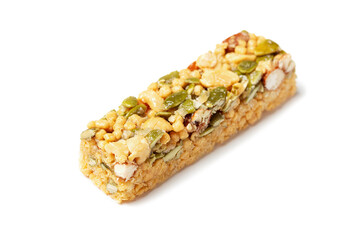 Protein bars with cereals isolated on white background close-up.