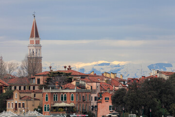Fototapeta na wymiar View from the Bacino to the Alps; Venice, Veneto; Italy