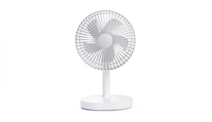 Battery powered white table fan isolated on white background with clipping path. portable battery fan - obrazy, fototapety, plakaty