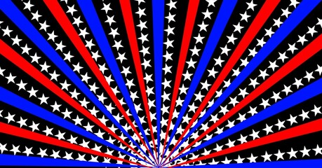 Digitally generated image of red and blue radial rays against stars on black background