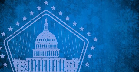 Fototapeta na wymiar Digitally generated image of white house icon against snowflakes on blue background
