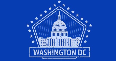 Digitally generated image of washington dc text and white house icon against blue background