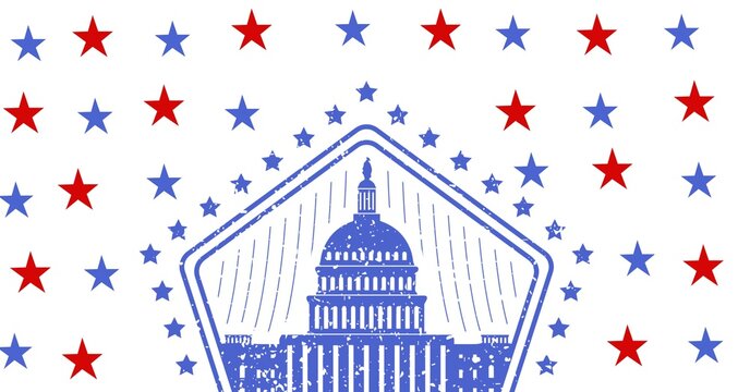 Digitally generated image of white house icon against blue and red stars on white background