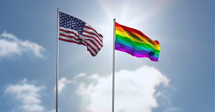 Digitally generated image of waving american and rainbow flag against clouds in the blue sky