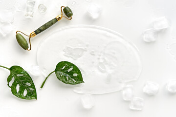 Green jade face roller on ice with ice cubes and exotic leaves. Monstera Adansonii Swiss Cheese...