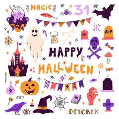 A bright set with characters and icons for Halloween. Vector flat illustrations on a white background. Decor for posters, flyers, postcards