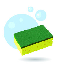 Kitchen scouring sponge for dishes in green and yellow colors. - obrazy, fototapety, plakaty