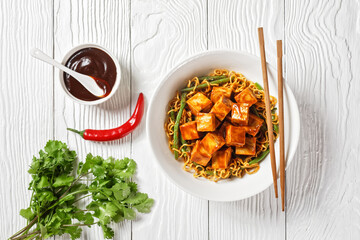 asian noodle bowl with hoisin baked tofu cubes
