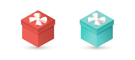 Set of red and blue gift box with bow on white isolated background. Realistic 3D gift for New Year, Christmas, Birthday, Valentines Day, holiday, party. Vector illustration.