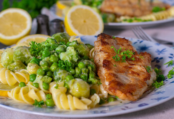 Fish with pasta and vegetables served with bechamel sauce on a plate