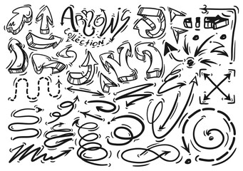 Hand drawn line arrows vector collection on white background. Graphic doodle marker shapes illustration.