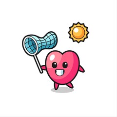 heart symbol mascot illustration is catching butterfly