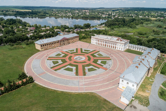 Aerial summer view of Tulchin palace ansamble  located in Tulchin town, Podillya, Vinnytsa region, Ukraine,2021.