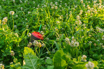 A black paper coffee cup with a straw is thrown into a green clover. Environmental pollution with household waste