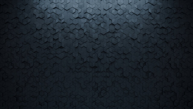 Diamond Shaped, 3D Mosaic Tiles arranged in the shape of a wall. Polished, Black, Bricks stacked to create a Semigloss block background. 3D Render