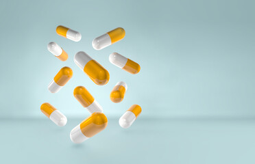 Medical pill falling down with copy space, 3d rendering