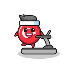 turkey flag badge cartoon character walking on the treadmill