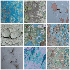 Set of peeling paint textures. Old concrete walls with cracked flaking paint. Weathered rough...