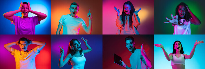 Portrait of group of people on multicolored background in neon light, collage. Surprised, shocked