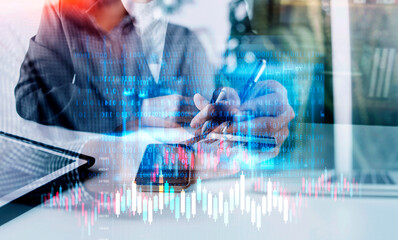 business finance technology and investment concept. Stock Market Investments Funds and Digital Assets. businessman analyzing forex trading graph financial data. Business finance background.