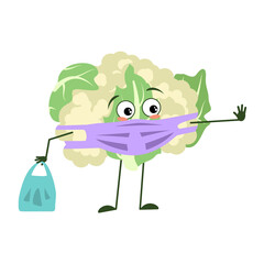 Cute cauliflower characters with emotions, face and mask keep distance, hands with shopping bag and stop gesture. A sad hero, a vegetable cabbage with eyes