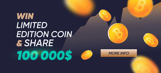 Golden Bitcoin on promotion banner. Crypto mining, blockchain advertising concept template. Web cryptocurrency vector banner