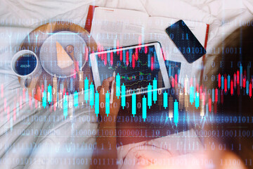 business finance technology and investment concept. Stock Market Investments Funds and Digital Assets. businessman analyzing forex trading graph financial data. Business finance background.