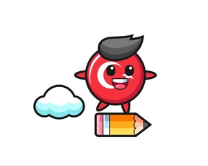 turkey flag badge mascot illustration riding on a giant pencil