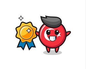turkey flag badge mascot illustration holding a golden badge