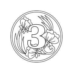 Fototapeta premium Coloring book. Number 3 with flowers, buds and leaves in a round frame, a decorative ornament for a greeting card, invitations, greetings