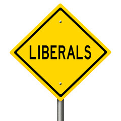 Rendering of a yellow highway sign warning of liberals