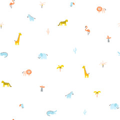 Tropical jungle seamless pattern. Animals and palms. Simple hand-drawn Scandinavian doodle style. Nursery pastel palette is ideal for printing baby clothes textiles fabrics. Vector cartoon background.