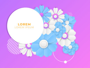 Tropical flowers border seamless pattern in paper cut 3d style on white background - hand drawn exotic blooms of hibiscus, protea, magnolia and plumeria with colorful line contour. Vector illustration