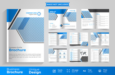 16 pages business proposals brochure, bi-fold brochure template, a4 with .25 inch bleed, cover, back and inside pages corporate blue modern editable brochure template design.
