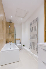 A stylish modern bathroom with bath built in shower and toilet