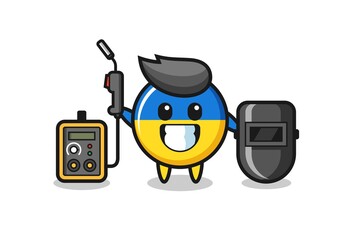 Character mascot of ukraine flag badge as a welder