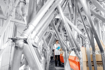 Modern electrical mill machinery for production. Operator checks quality of finished food products wheat flour © Parilov