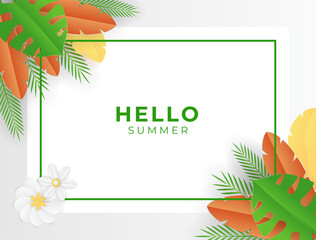 Green summer tropical background with exotic palm leaves and hibiscus flowers. Vector floral background. Sale banner or flyer template.