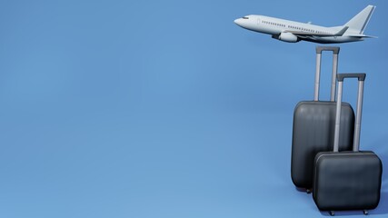 Business travel concept with copy space. 
Suitcases and a plane on blue background. 
3d illustration.