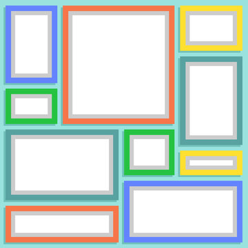 Set of color photo frames on the wall. A set of frames for paintings. Vector, cartoon illustration. Vector.