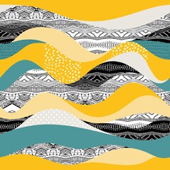 Beautiful abstract hills in yellow, aquamarine and black and white colors. Landscape in Japanese style. Seamless hand drawn pattern for fabric. Fashionable print.