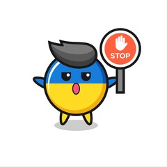 ukraine flag badge character illustration holding a stop sign