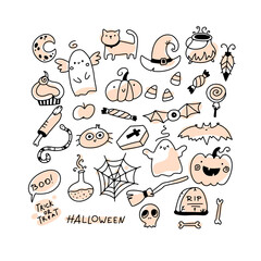 Halloween doodle set. Vector holiday characters and horrible elements in simple hand drawn cartoon style. Black outline on a white background. Pastel stains